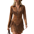 Suede Fringe Mini Dress With Zipper Front And Long Sleeves