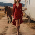 High-Low Ruffle Wrap Dress With Long Sleeves And Deep V-Neckline