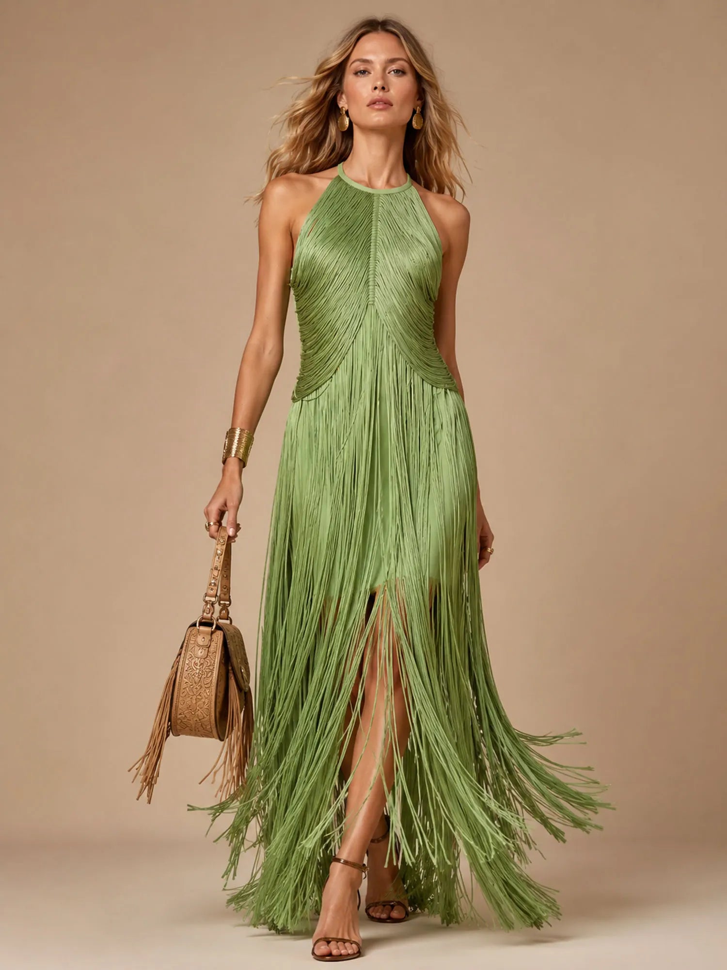 Perfect for Fall Western-Themed Weddings — Cream Fringe Halter Slim Vacation Maxi Dress(No Belt)