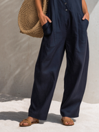 Leisure And Vacation Front Button Dark Blue Cotton Wide-leg Overalls