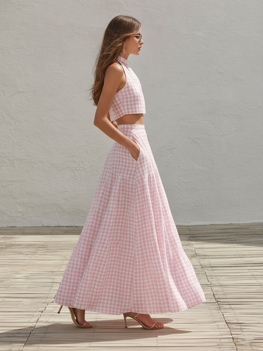Cottagecore Vacation Style Pink Gingham Linen-Blend Halter Crop Top & Maxi Skirt Set