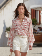 Resort-style Long-sleeve Striped Chiffon Top