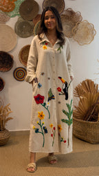 Boho Embroidered Oversized Shirt Dress - Long Sleeve Button Down Maxi Dress with Tropical Bird & Floral Print