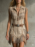 Cowgirl Outfits Elegant Western Chic Round Neck Tassel Mini Dress