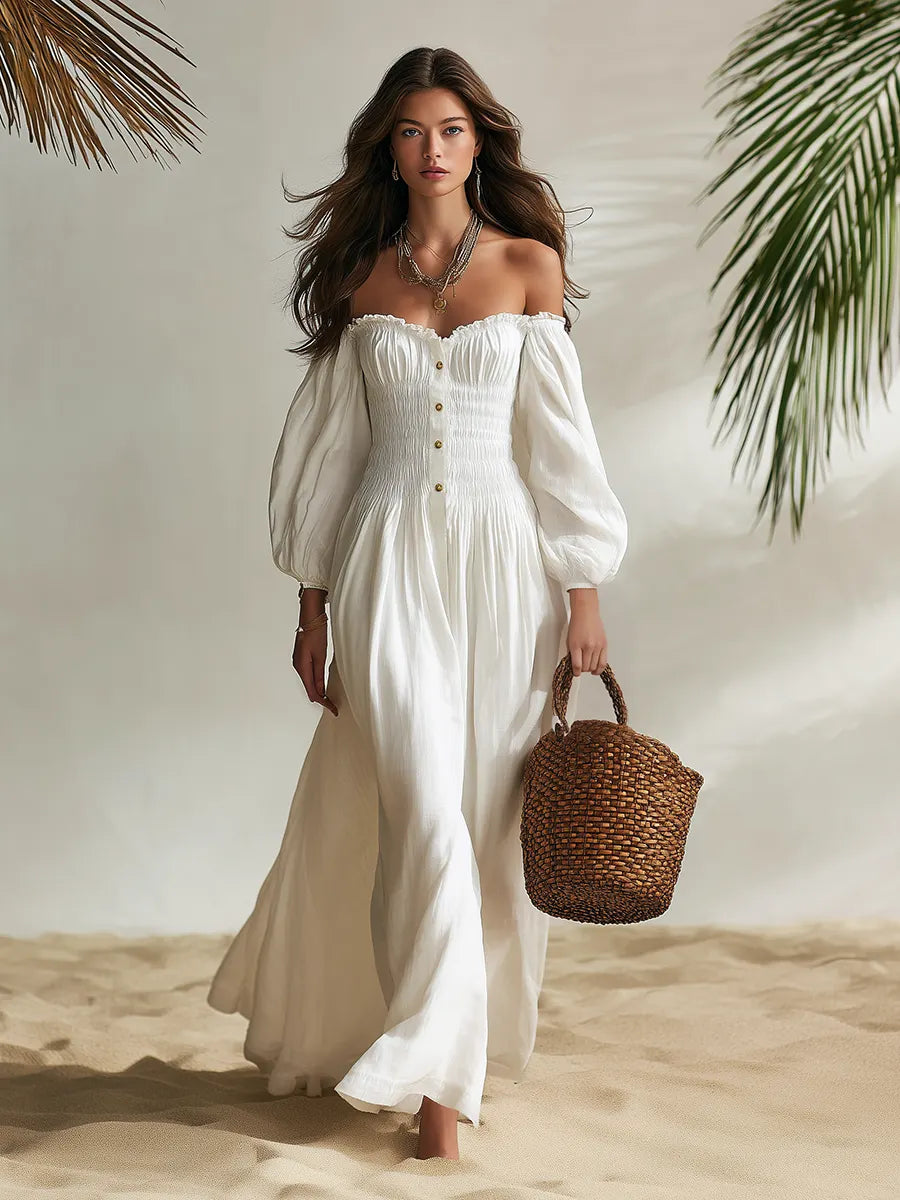 Resort-style Puff-sleeved Off-shoulder Maxi Dress