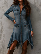 Boho Western Washed Denim Zipper Midi Dress With Asymmetric Frayed Hem
