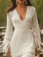 Women's Western Bohemian Style Vintage White Lace V-Neck Long-Sleeved Dress With Tassels And A High-Low Hem