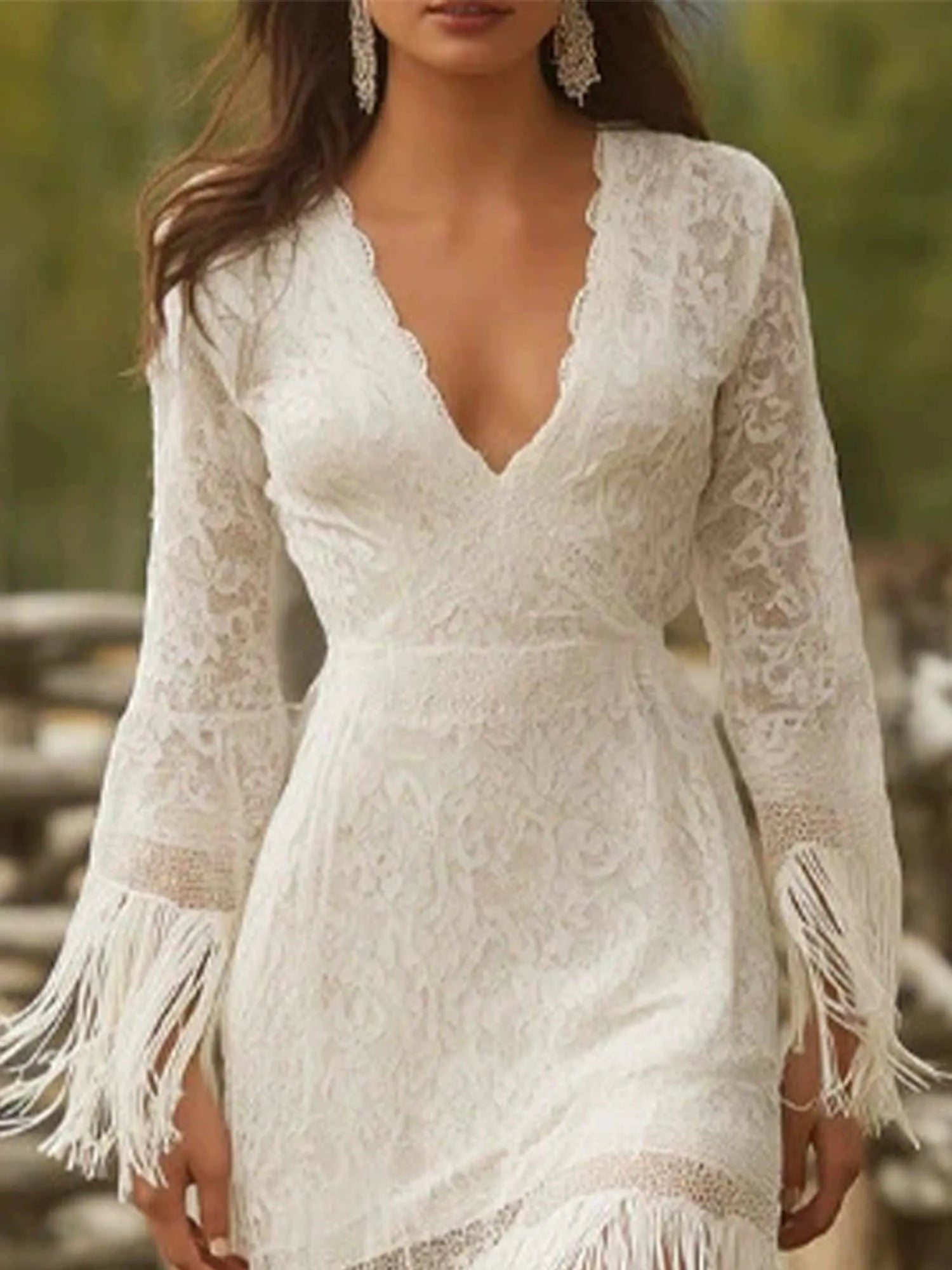 Women's Western Bohemian Style Vintage White Lace V-Neck Long-Sleeved Dress With Tassels And A High-Low Hem