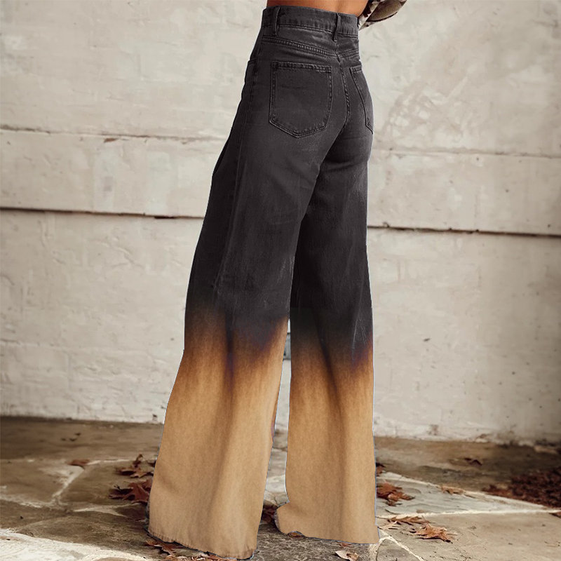 Women's Retro Western Gradient Smudge Print Printed Faux Denim Wide Leg Pants