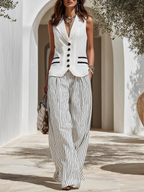 Resort-style Sleeveless Vest And Striped Trousers Set