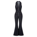 Navy Blue 1970s Denim Collar Belted Flared Jumpsuit