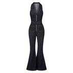 Navy Blue 1970s Denim Collar Belted Flared Jumpsuit