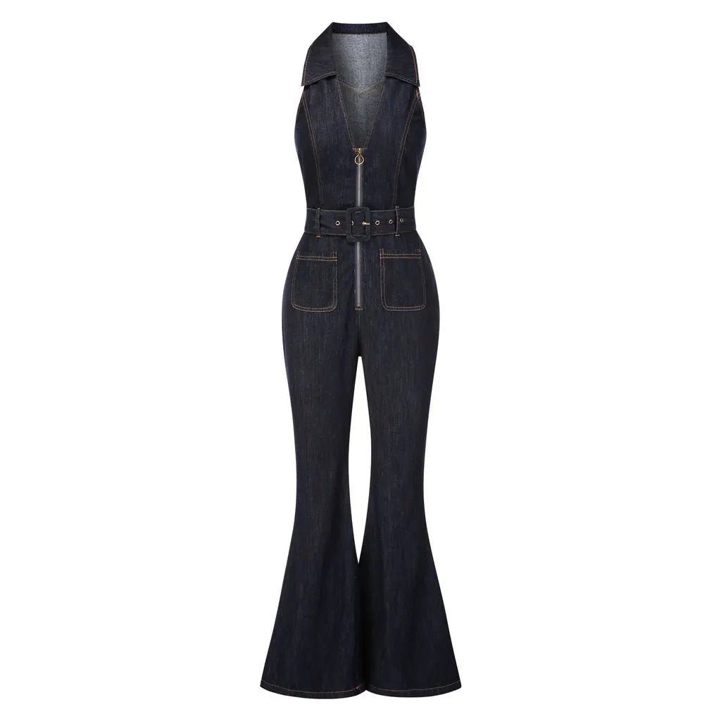 Navy Blue 1970s Denim Collar Belted Flared Jumpsuit