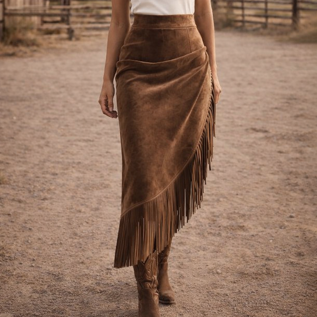 Retro Western Style Irregular Design Fringed Suede Skirt