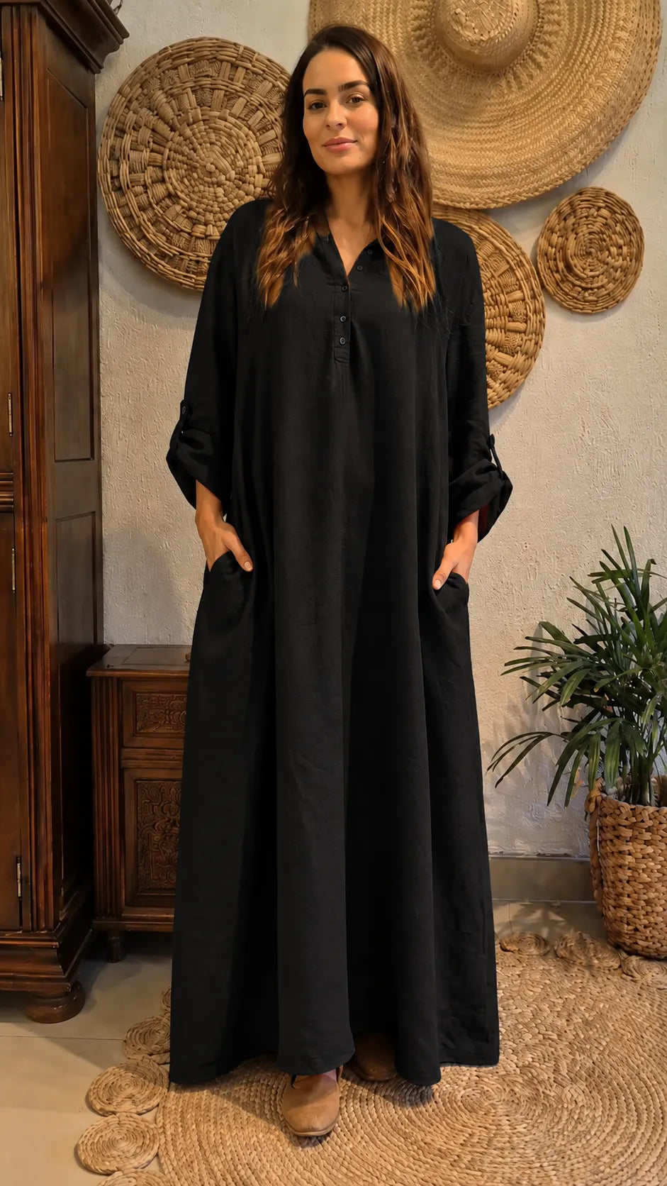 Boho Linen Blend Maxi Dress - Oversized Flowy Kaftan Style with Pockets & Button Detail