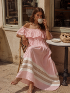 Bohemian Vacation Off-the-shoulder Ruffled Color-blocked Striped Maxi Dress