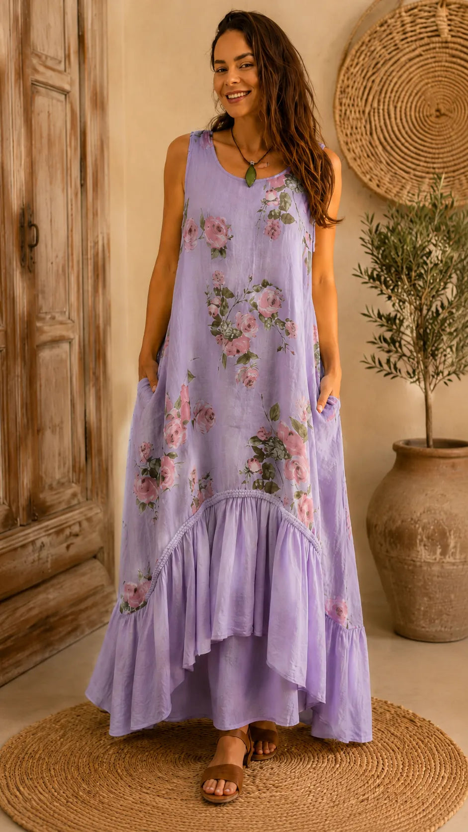 Boho Floral Print Sleeveless Maxi Dress - V-Neck High-Low Ruffle Hem Summer Dress