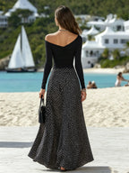 Vacation-style One-shoulder Long-sleeved Polka Dot Maxi Dress