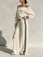 Women Off Shoulder Striped Knit Tracksuit 2 Piece Outfit, Cream Oversized Foldover Neck Top Side Stripe Wide Leg Pants Quiet Luxury Loungewear Matching Set