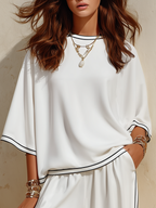 Retro Casual Sporty Color-blocked Trim Three-quarter Sleeve Top And Wide-leg Pants Set