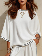 Retro Casual Sporty Color-blocked Trim Three-quarter Sleeve Top And Wide-leg Pants Set