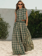Casual Vacation Green Plaid Chiffon Print Sleeveless Shirt And Wide-leg Pants Set