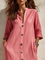 High-end Elegant Stand-up Collar Solid Color Three-quarter Sleeves Midi Shirt Dress