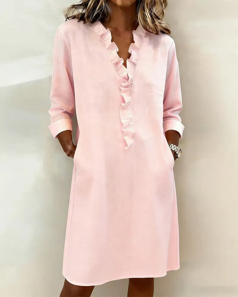 Ruffled V-Neck Solid Color Dress