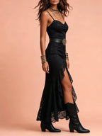 Western Dress — Midnight Black Floral Lace Asymmetric High-Slit Maxi Dress