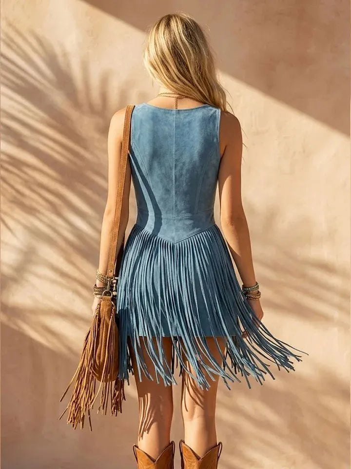 Suede Fringe Mini Dress Women Boho Style Sleeveless V-Neck Bodycon Dress With Zipper Front And Tassel Hem For Summer Beach Outfits