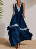 Vacation-style Retro Striped V-neck Ruffled Maxi Dress