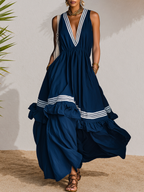 Vacation-style Retro Striped V-neck Ruffled Maxi Dress
