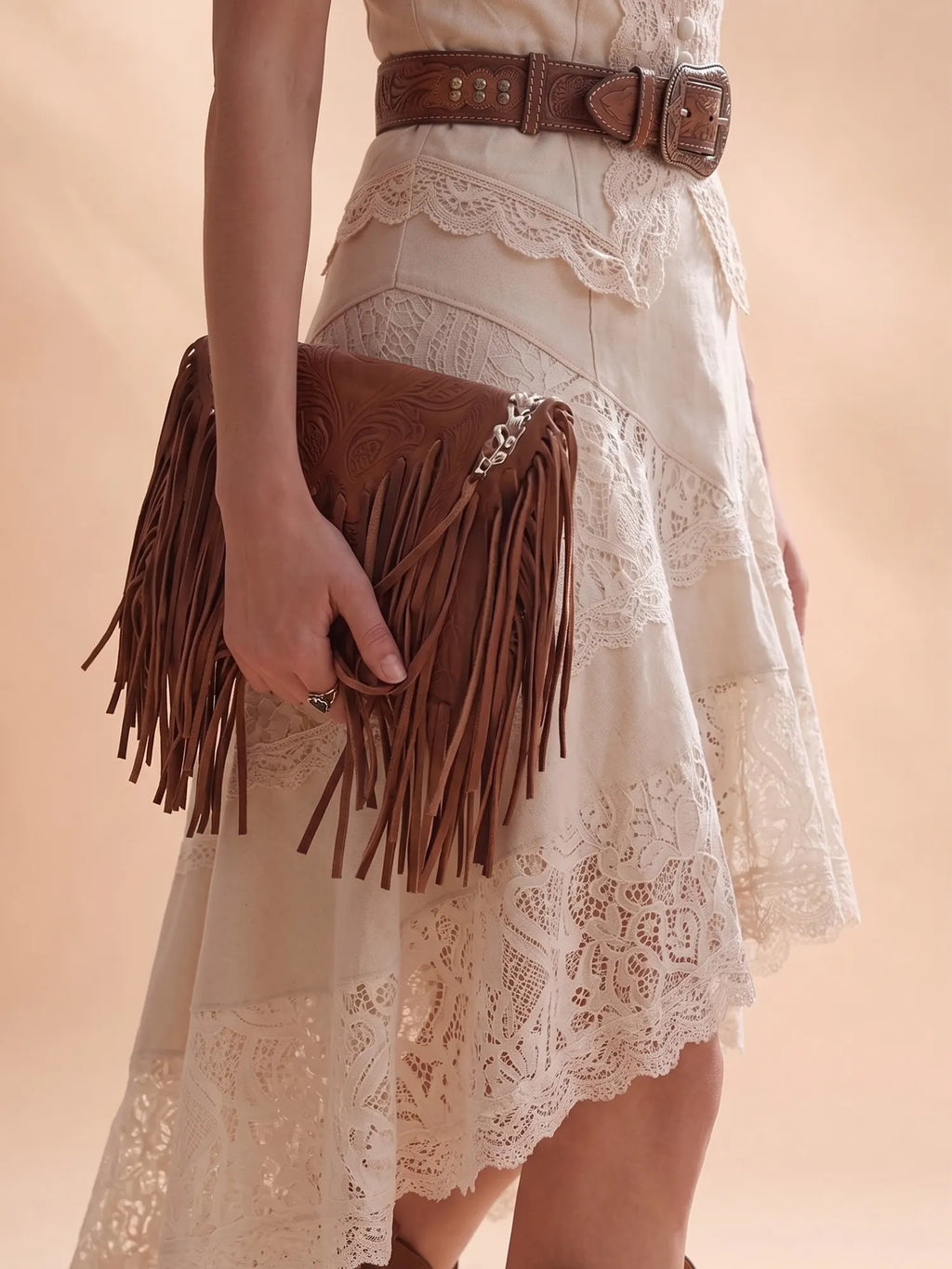 Western Dress — Cream Two-Piece Look Lace Patchwork Midi Dress