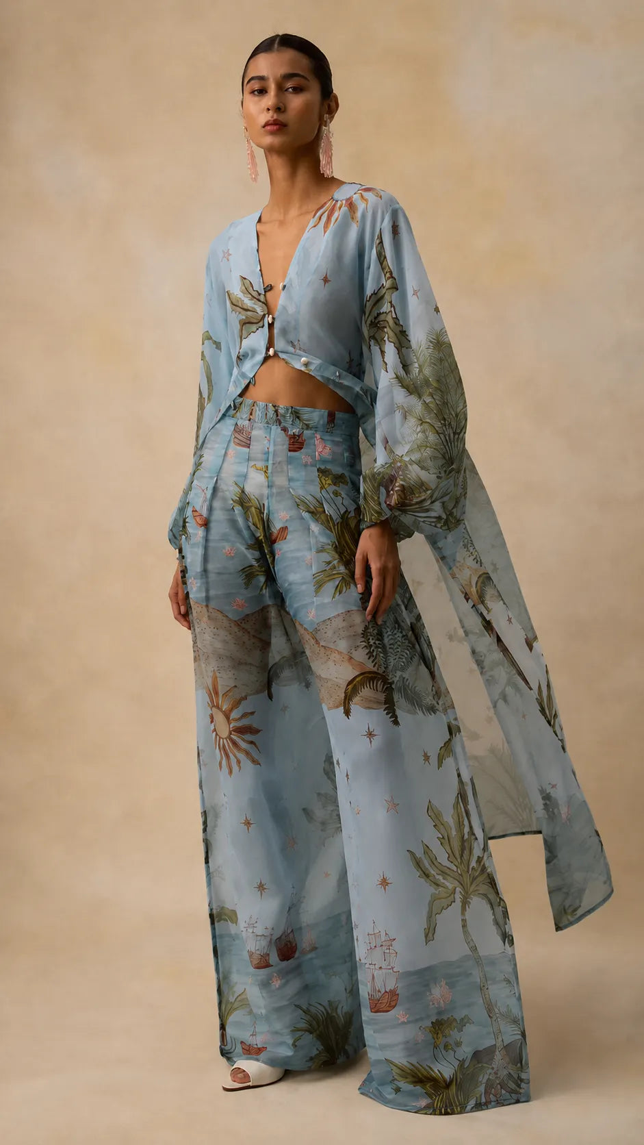 Boho Chic Tropical Print Pants Set - Asymmetric Cape & Wide Leg Pants Co-ord