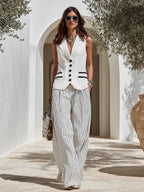 Resort-style Sleeveless Vest And Striped Trousers Set