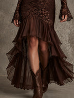 Boho Brown Lace Halter Cold Shoulder Flare Sleeve Midi Dress