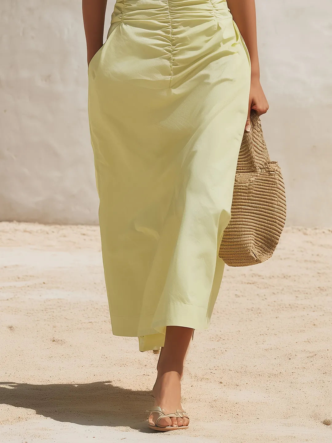 Minimal Resort Pale Yellow Linen Deep V Ruched Midi Dress