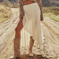 Western Spring Outfits Cotton Linen Blend High Low Tiered Maxi Skirt With Drawstring Waist And Tassel Detail