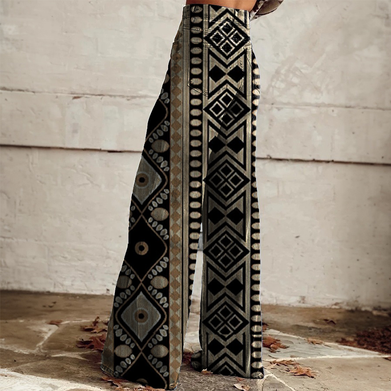Women's Retro Western Country Ethnic Printed Faux Denim Wide Leg Pants