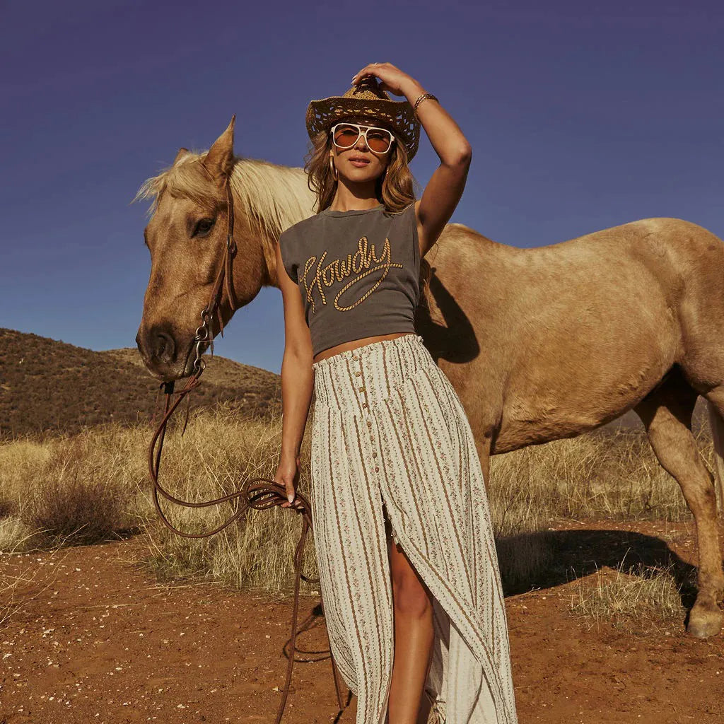 Cotton Blend Cropped Sleeveless Top With 'Howdy' Rope Embroidery Design