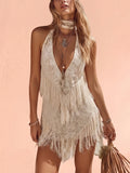 Festival Mini Dress — Ivory White Lace Fringe Deep V-Neck Halter Mini Dress