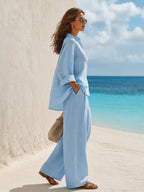 Minimalist Solid Color Collared Three-quarter Sleeve Shirt And Wide-leg Trousers Set