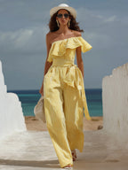 Tropical Beach Yellow Stripe Linen Blend Off Shoulder Ruffle Tie Waist Wide Leg Jumpsuit