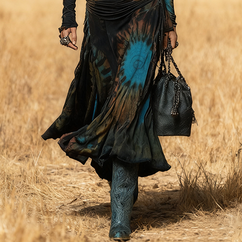 Women's Vintage Autumn/Winter Western Country Velvet Print Dress