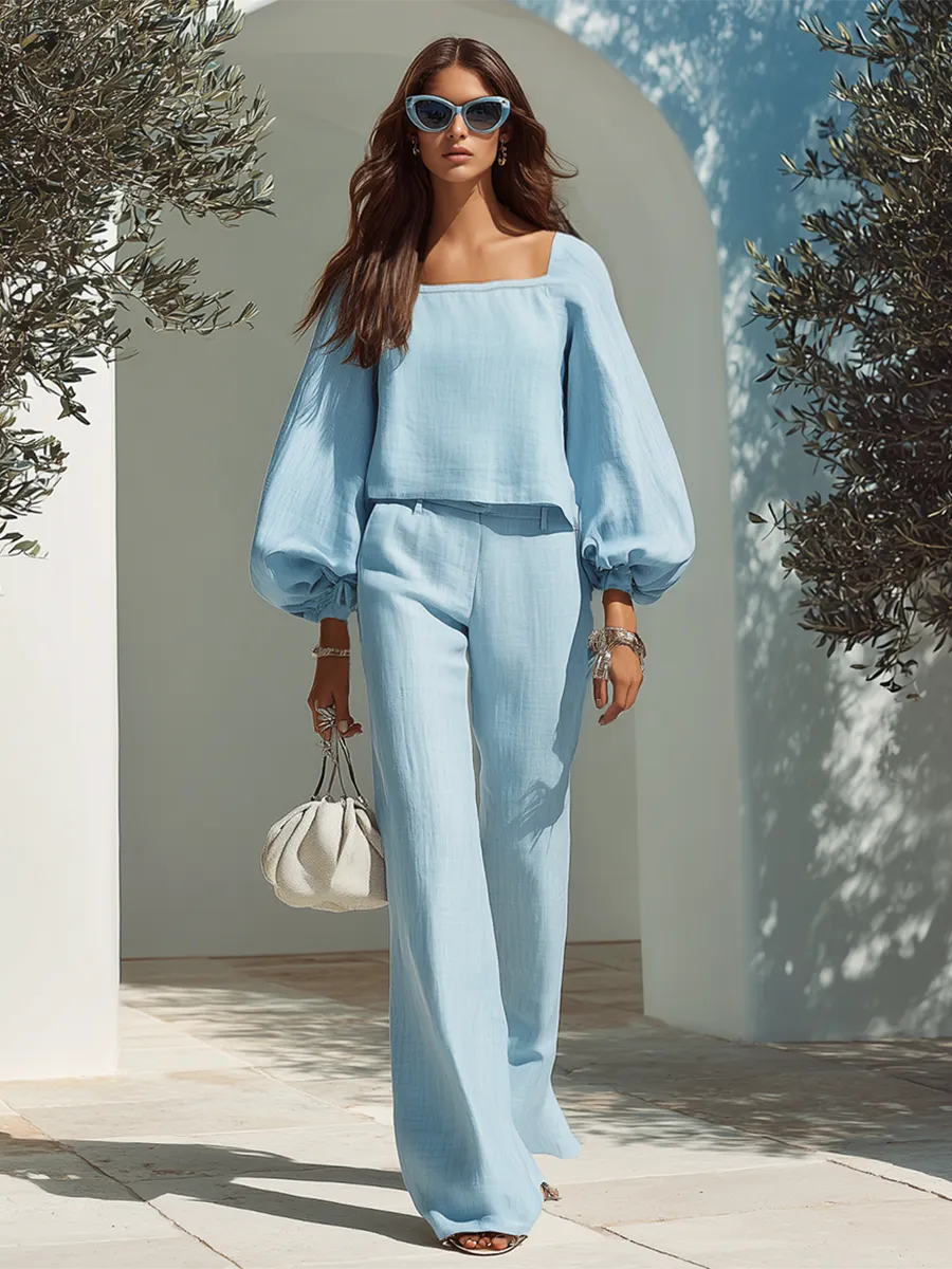 Resort-style Square-neck Lantern-sleeve Top And Trousers Set