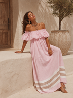 Bohemian Vacation Off-the-shoulder Ruffled Color-blocked Striped Maxi Dress