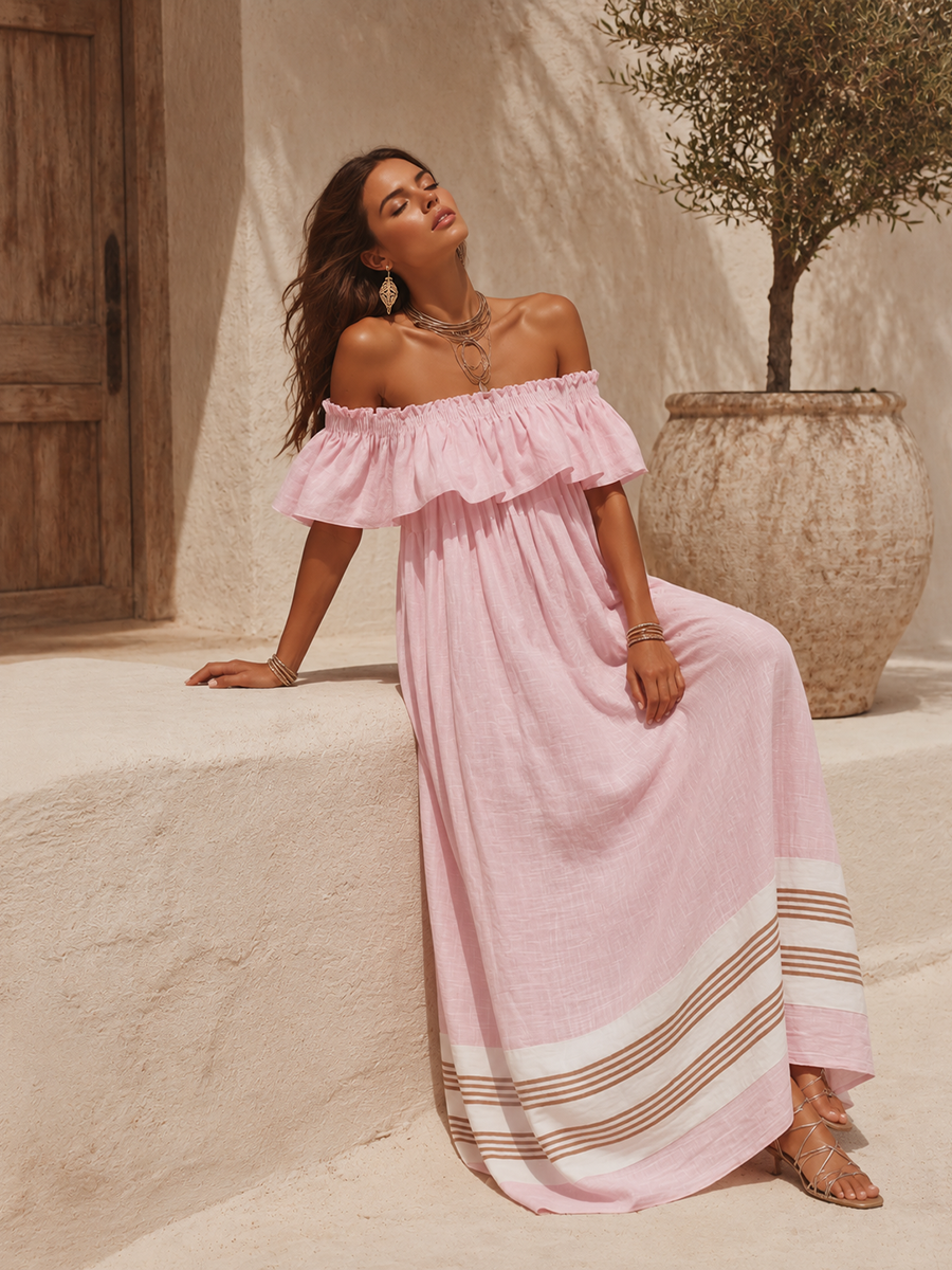 Bohemian Vacation Off-the-shoulder Ruffled Color-blocked Striped Maxi Dress
