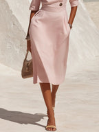 Retro Elegant Boat Neck Three-quarter Sleeve Solid Color Cotton Linen Midi Dress