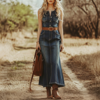 Western Retro Style Denim Sleeveless Maxi Dress