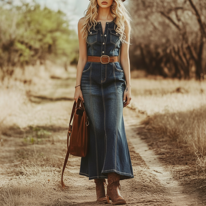 Western Retro Style Denim Sleeveless Maxi Dress